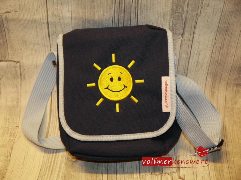 Schultertasche Sonne bestickt -mit Wunschname möglich (personalisiert) - Taschenfarbe:blau -sofort lieferbar-